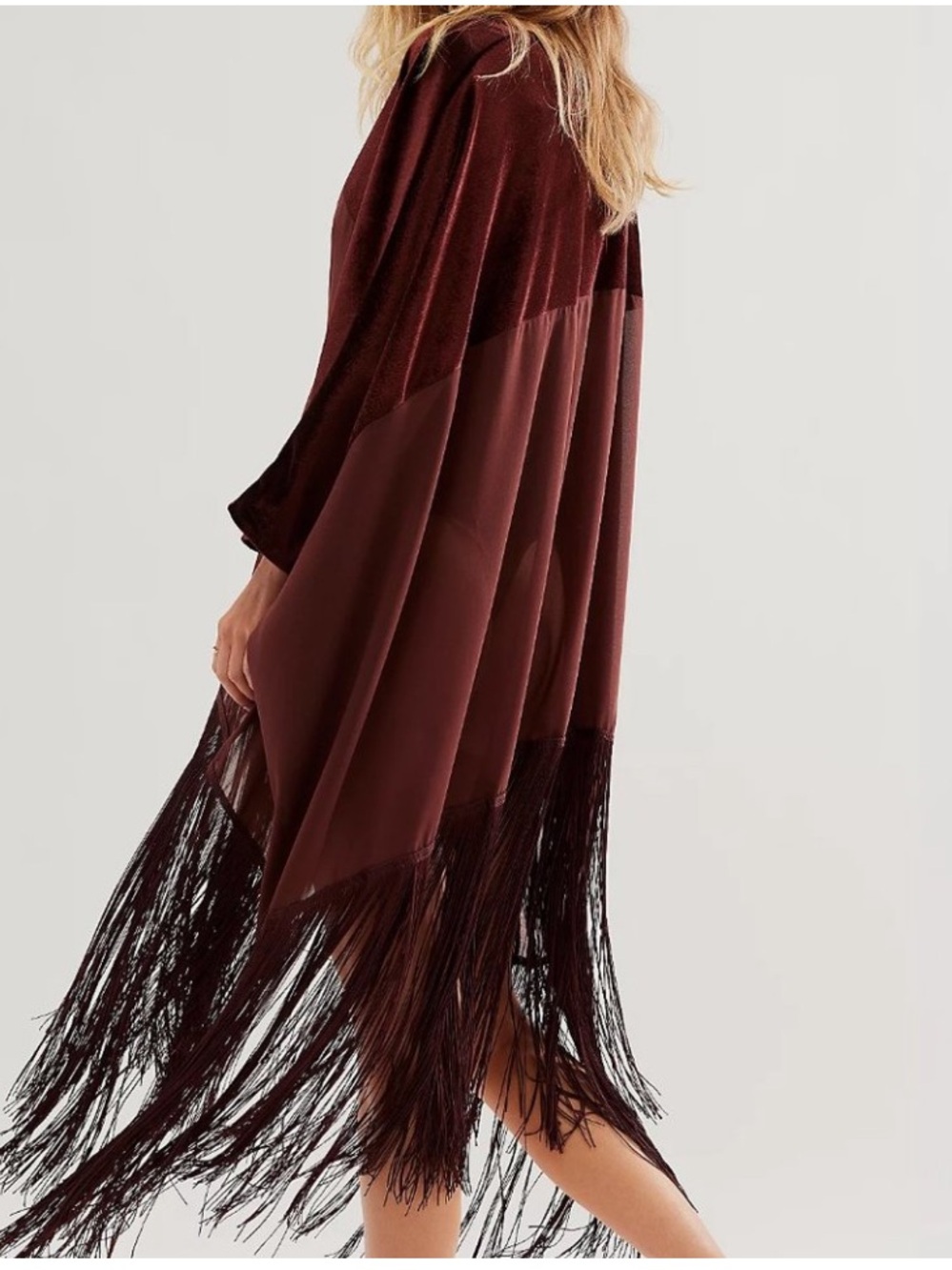 Free People Velvet Dreams Fringe Kimono Aubergine One Size OS Boho NWOT - Picture 4 of 15